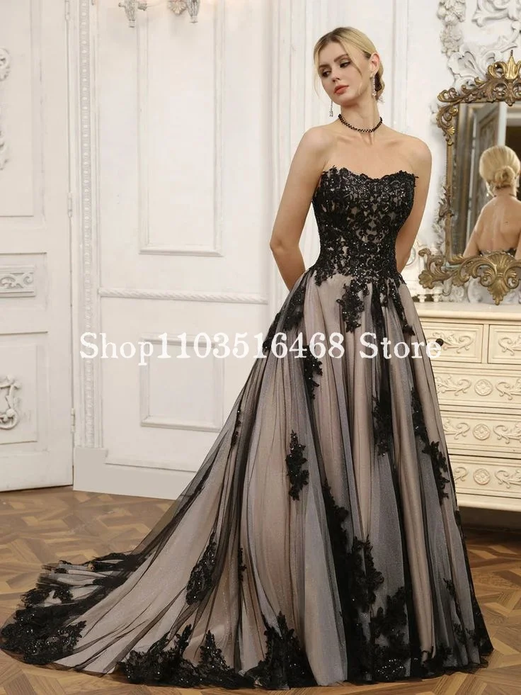 Sexy Sweetheart Wedding 2024 For Women Sexy Black Gothic Applique A Line Formal Occasion Bridal Couture Dress Vestidos De Novia