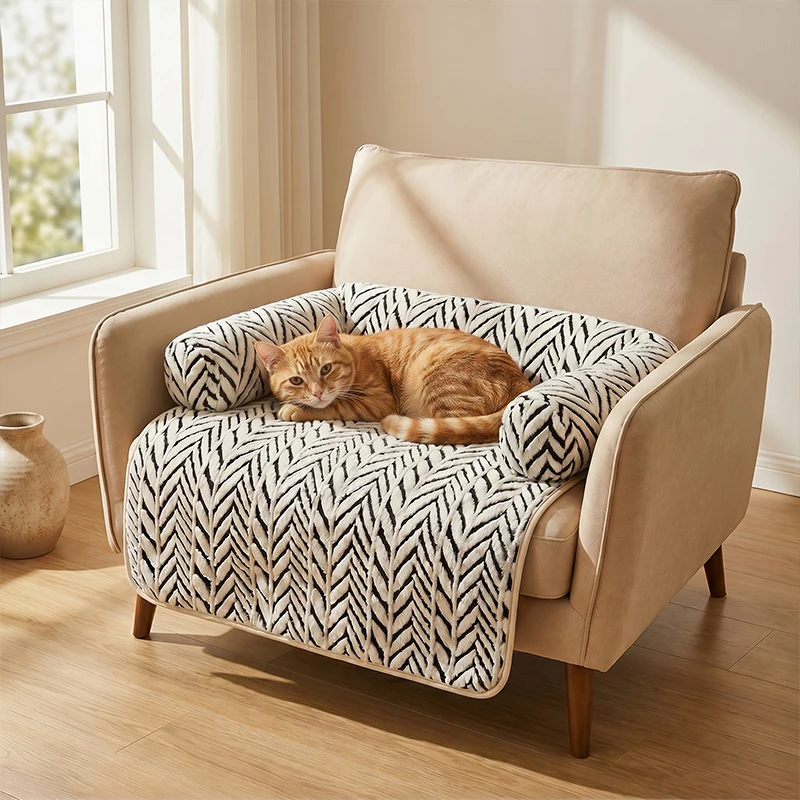 Haustier-Sofabett-Matte mit Seitenpolstern, Hunde- und Katzenbett, weiches, flauschiges, rutschfestes Couchschutzkissen für kleine und mittelgroße Hunde und Katzen – Detail 1