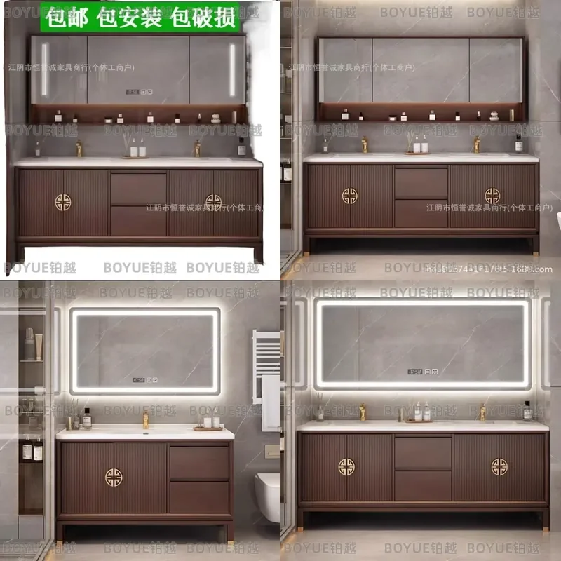 for Modern Chinese Bathroom Cabinet Eco-Friendly Oak Anti-Fog Lighting Rock Slab Countertop Large Double Basin Vanity