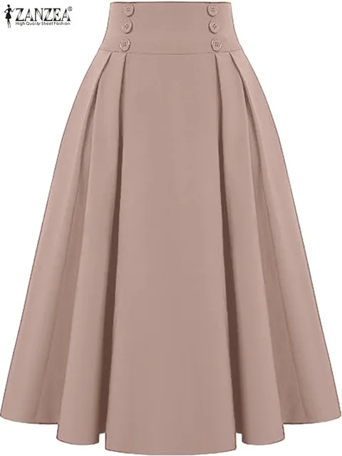 ZANZEA 2024 damskie solidne długie spódnice Vintage wysokiej zwężone plisowane spódnice letnia wiosna spódnice trapezowe modne guziki Maxi Faldas