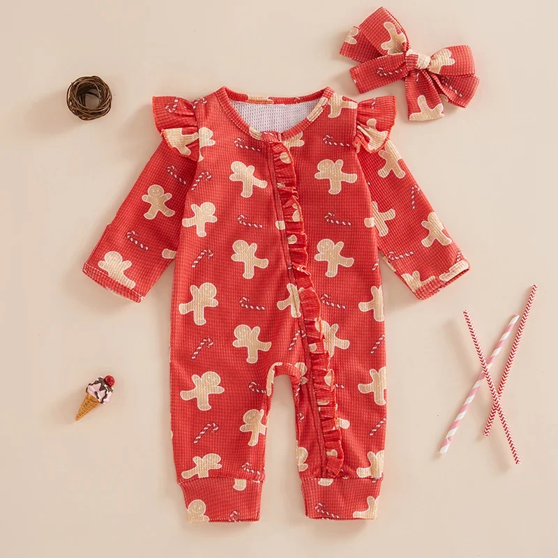 Christmas Newborn Baby Girls Rompers Clothes Long Sleeve O Neck Gingerbread Print Ruffles Trim Zipper Jumpsuits Headband Outfits