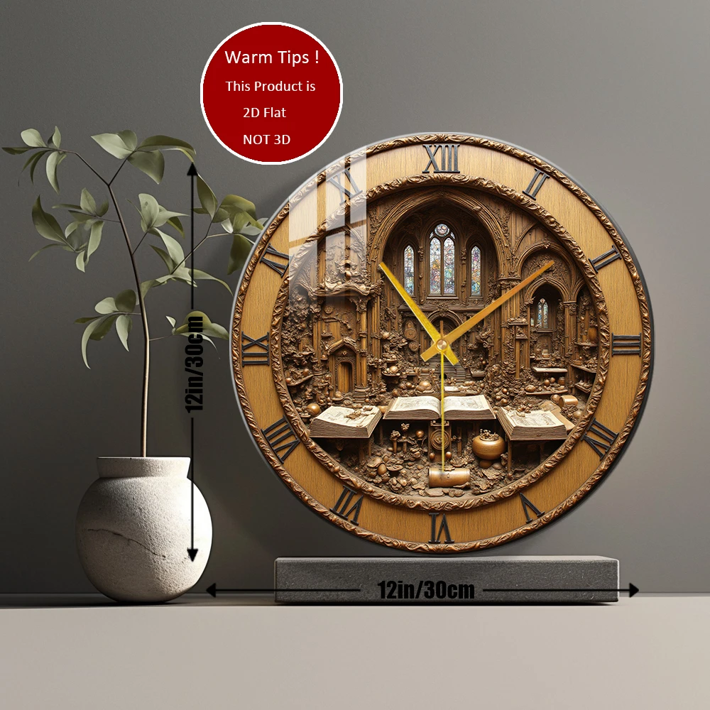 Tempered Glass Wall Clock Carved Wooden Clock with Gothic Library Scene Suitable For Wall Decor or Tabletop Display Anywhere