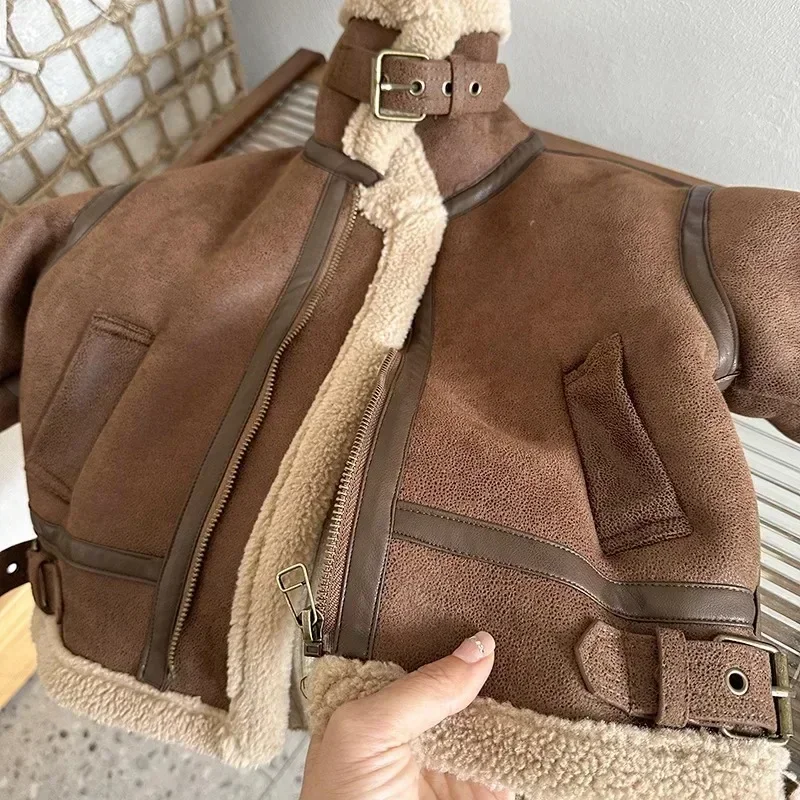 Cashmere Leather Jacket Winter Keep Warm Boys Jacket Thick Lining with Plush Fur Collar Hooded Heavy Coat for Kids Girls Coats