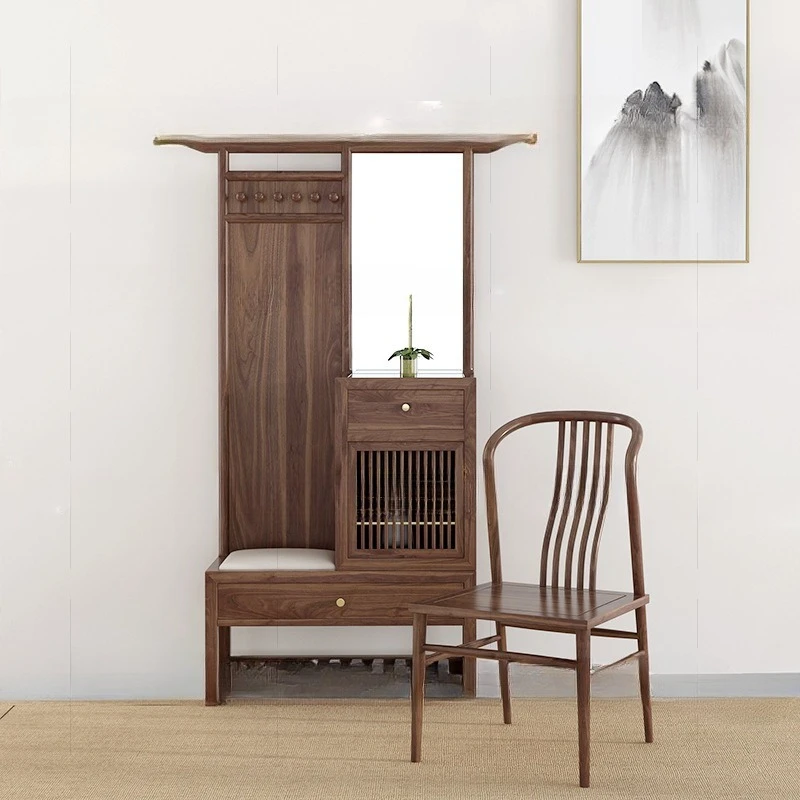 Nuovo mobile da ingresso cinese con porta in legno di noce nera, cambio scarpe in legno massello, vestiti e cappelli multifunzionali