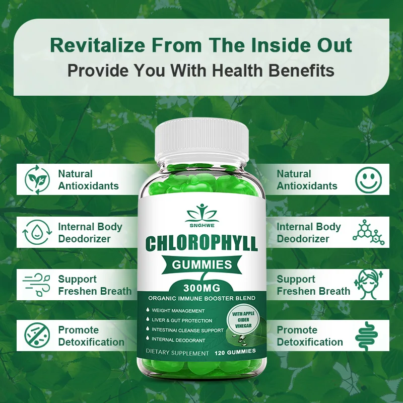 Chlorophyll Gummies-with ACV, Vitamin D3, C, E, B12 -Natural Deodorant, Energy Boost, Immune&Digestion Support, Vegan 60 Candies