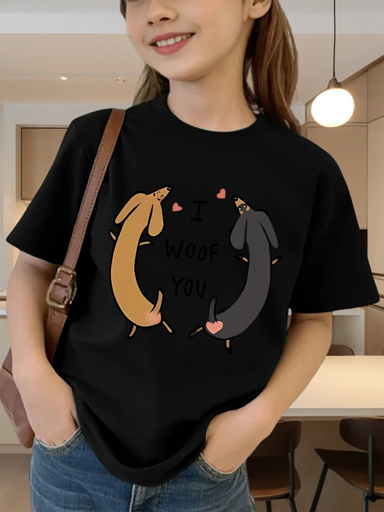 Cute Two Dachshunds Letter Print Graphic Kids Tee Boys Girls Family Matching Cotton Crew Neck Short Sleeve Soft Summer Tee