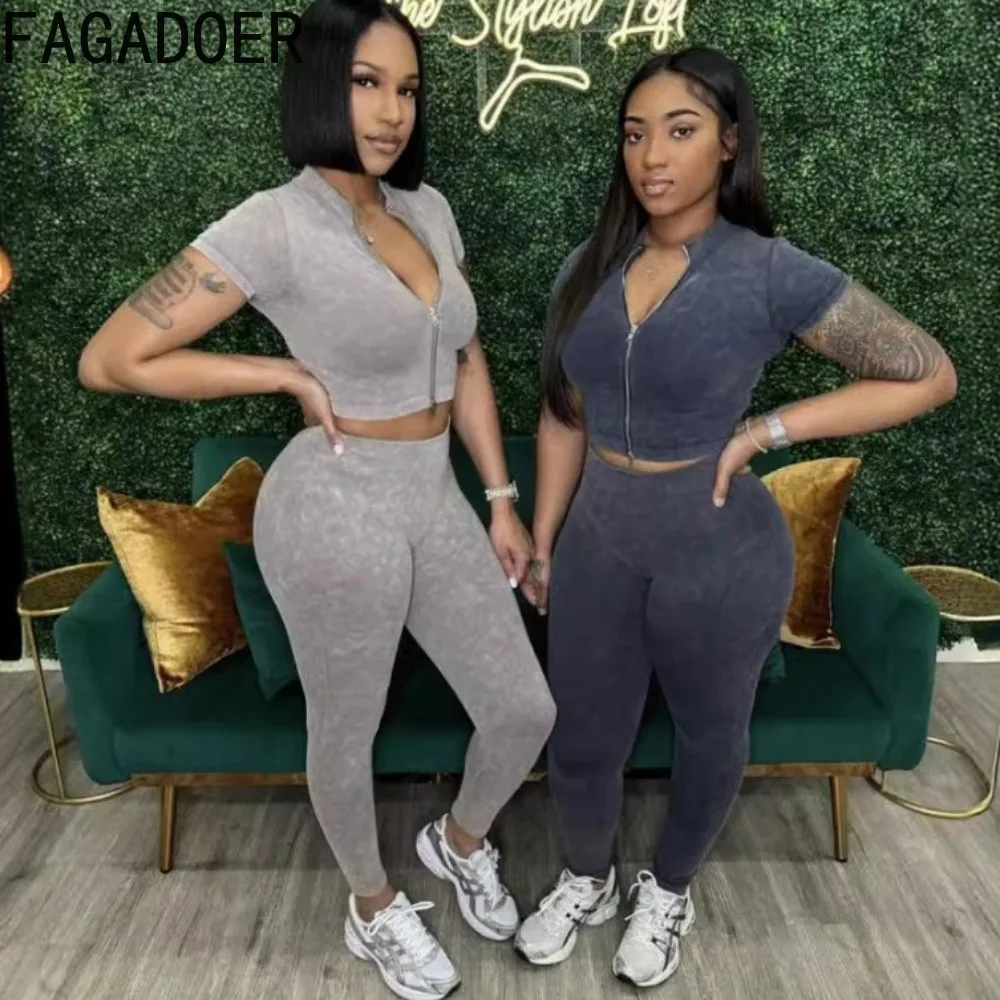 FAGADOER Autumn New Solid Color Ribber Sporty Skinny Pants Two Piece Sets Women Zipper Short Sleeve Slim Top And Pants Outfits