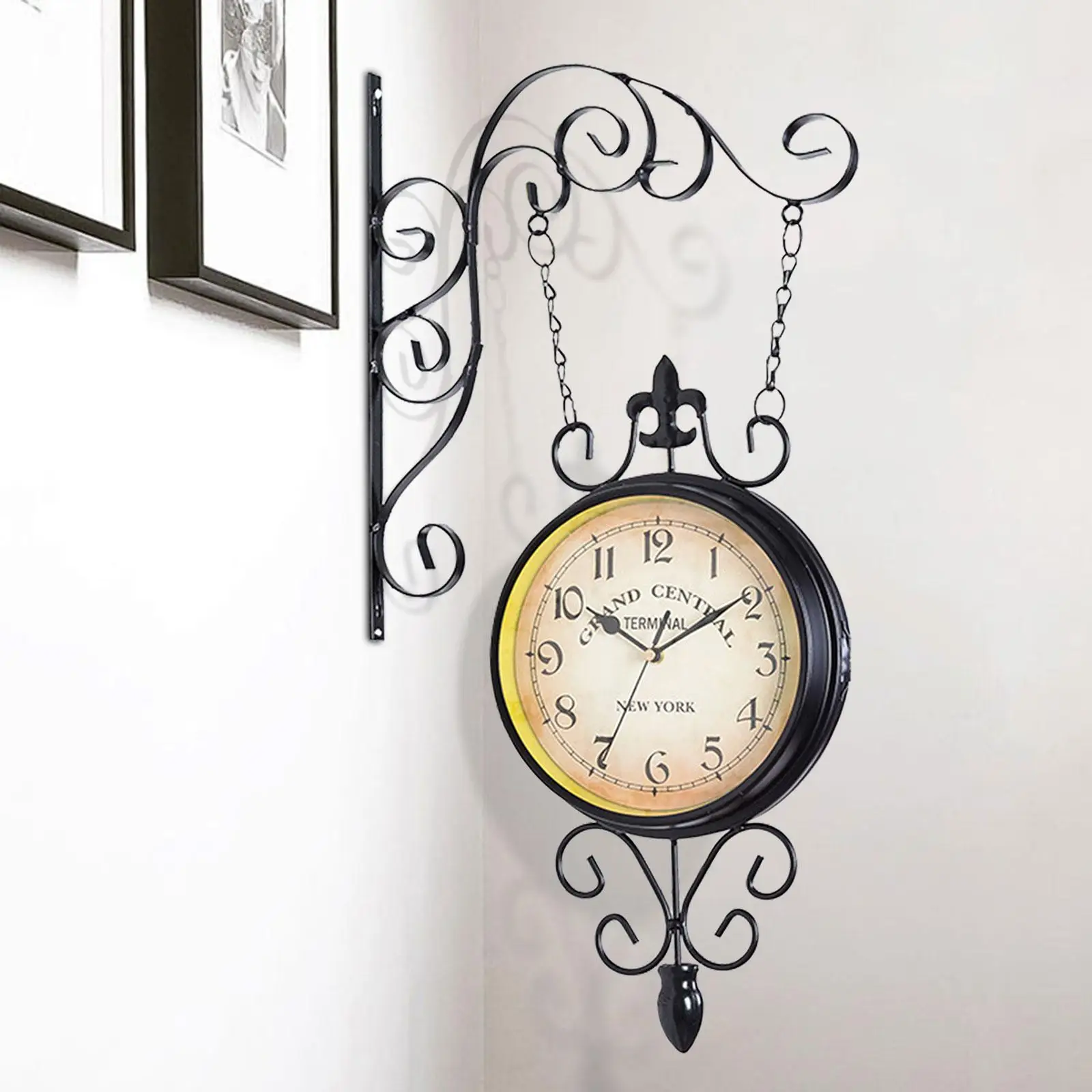 Double Sided Station Clock Antique Mute with Decorative Wall Bracket Wall Hanging for Cafe Indoor Outdoor Garden Living Room