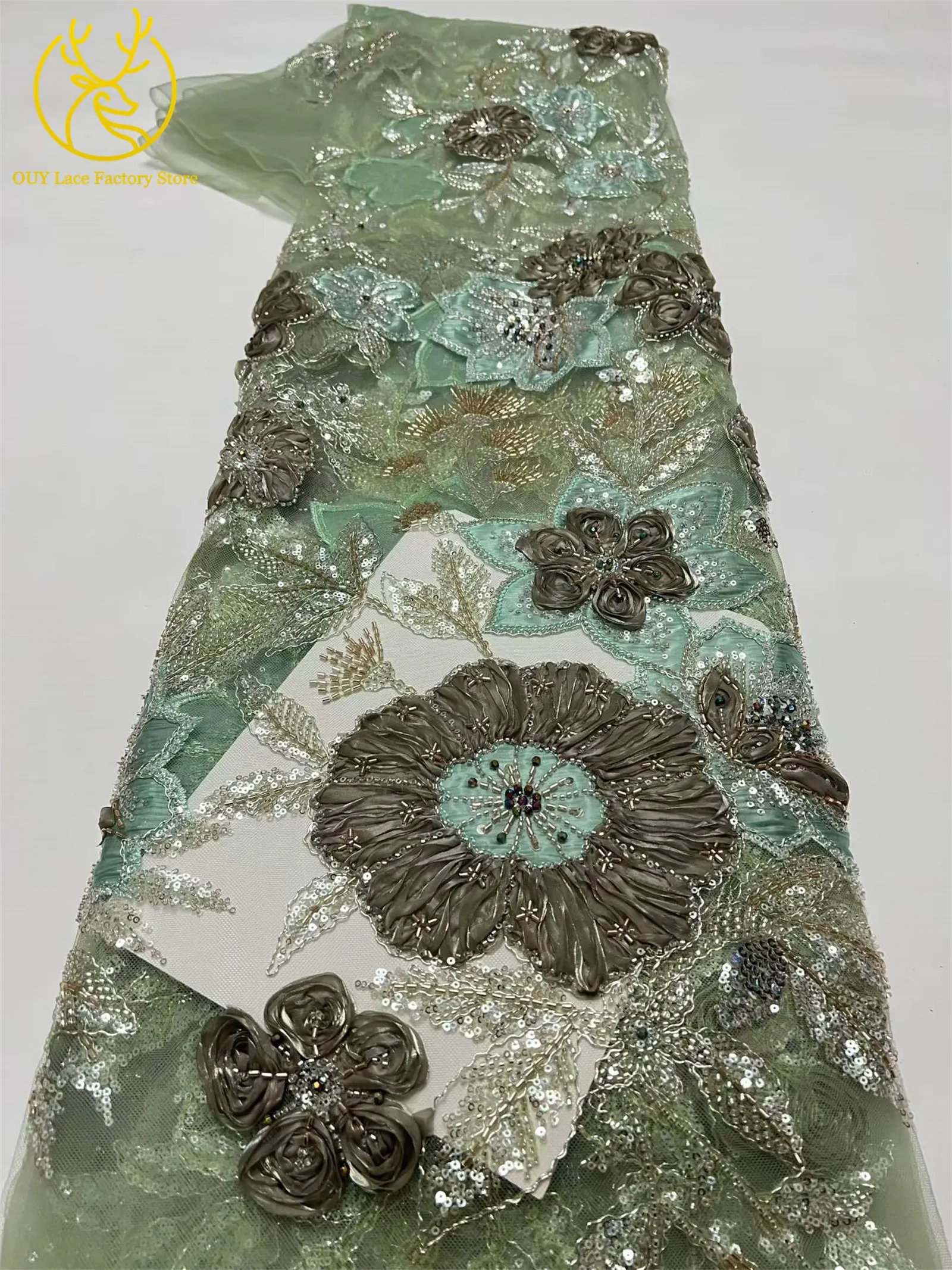 Modische 3D-Blumenstickerei Pailletten Tüll-Mesh-Spitze 2026 Nigerianische Perlen-Mesh-Spitze für Braut-Hochzeitskleider und Partykleider zum Nähen – Detail 21