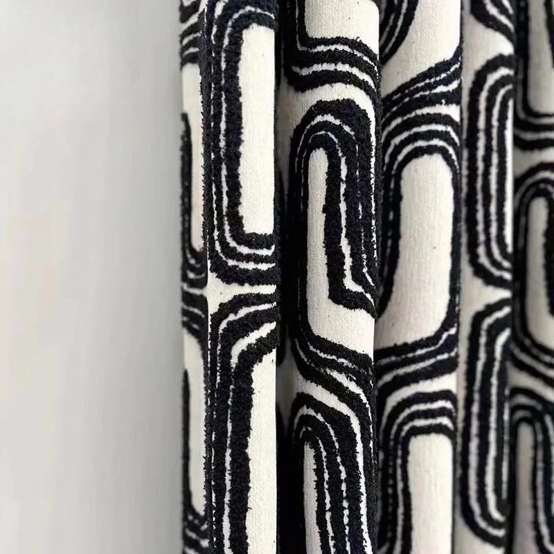 Black and White Flocking Thickened Jacquard Chenille Curtains for Living Room Bedroom French Window Balcony Window