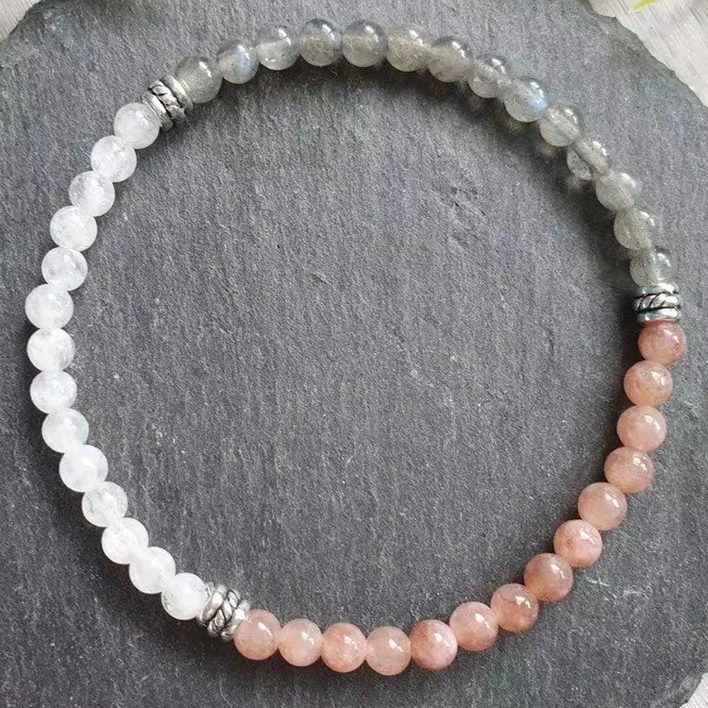 Ruberthen 4 MM Peach Sunstone Labradorite Moonstone Mix Bracelet Stretch Healing Crystals Bracelet Anxiety Relief Protect