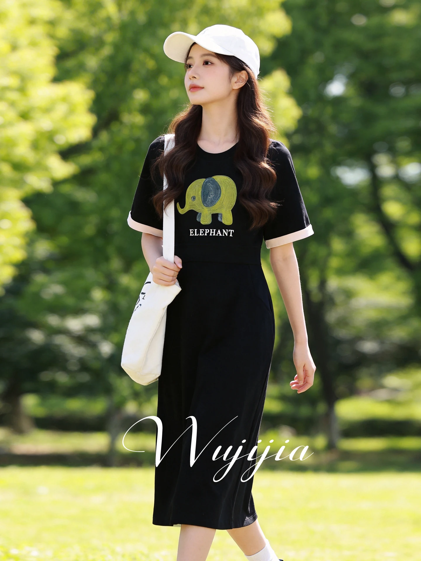 

plus Size Casual Contrast Color Sleeve Cartoon Elephant Print Dress Standard Fit Polyester Fiber Spring Summer New Arrival