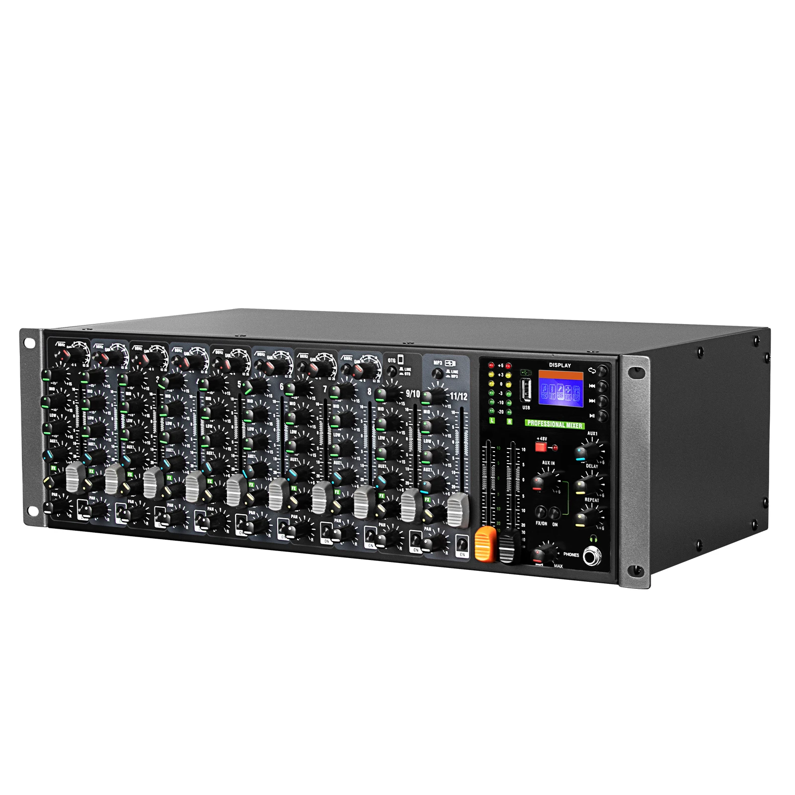 D120M Professional 12-Channel Rack-Mounted Audio Mixer Embedded with Analog Effect Console for Audio Video & Lighting