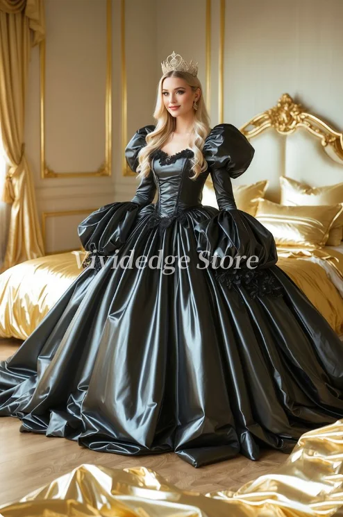 

Черные блестящие платья для выпускного вечера по индивидуальному заказу с длинным рукавом и корсетом с ремешками на спине, длинные винтажные вечерние платья в викторианском стиле