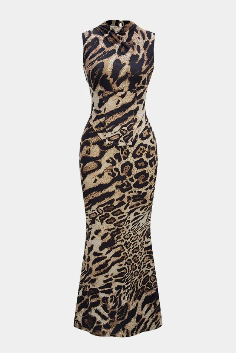 Leopardenmuster Tailliertes Slim-Fit-Kleid für Damen Zweiteiliges Set für Urlaub, Abendessen, Geburtstagsfeier Elegantes Damenkleid – Detail 2
