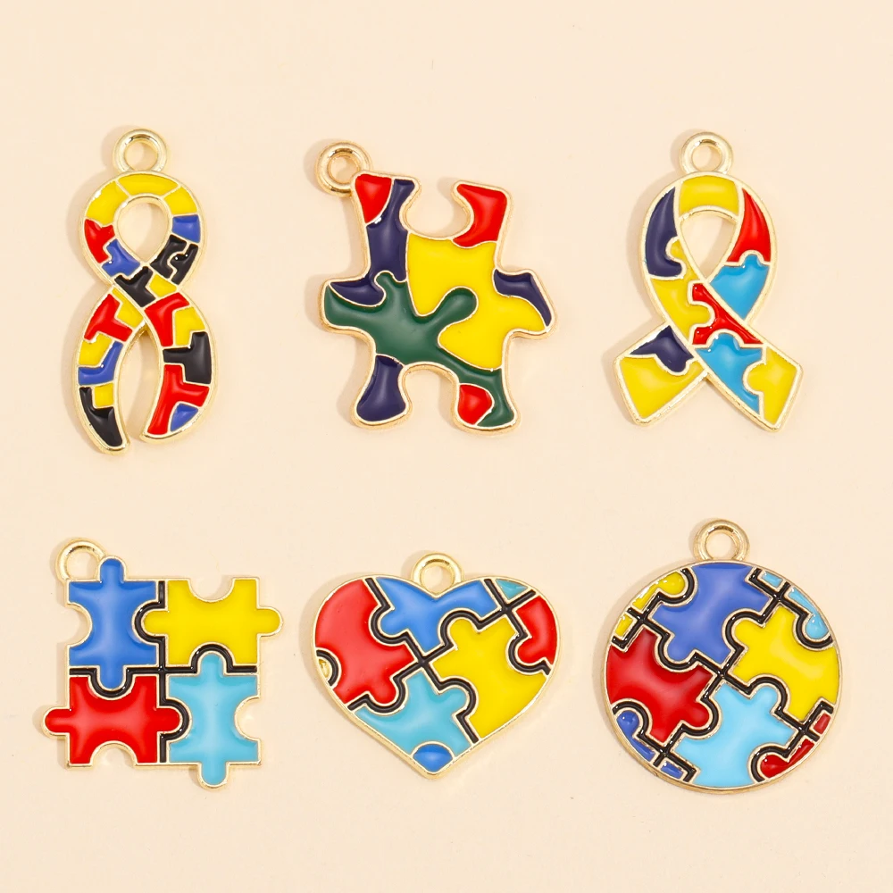 10Pcs Enamel Colorful Jigsaw Pendants Round Heart Puzzle Piece Charms For Jewelry Making DIY Necklace Bracelet Accessories Craft