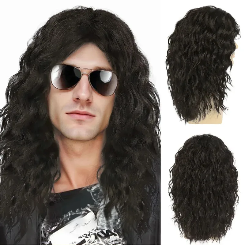 20 Inch Dark Brown Wigs Synthetic Unisex Long Wavy for Men Halloween Costume Cosplay Heavy Metal Rocker Wig Heat Resistant yi;4