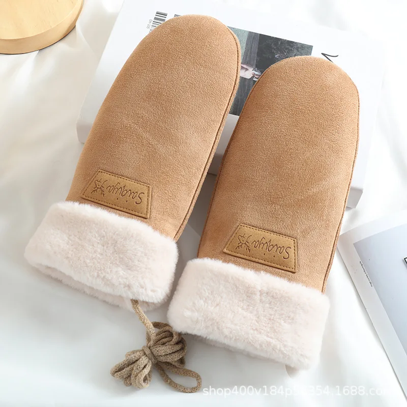 Winter Suede Gloves for Women Warm Thickened Fleece Halter Gloves Faux Fur Suede Leather Gloves Outdoor Cold Protection Mittens