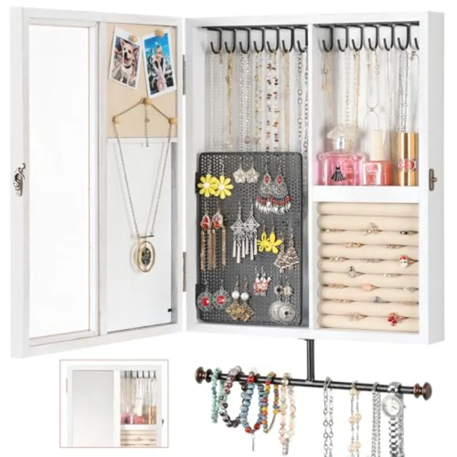 Wall Jewelry Organizer Cabinet with MirrorRustic Wood Storage for Necklaces Earrings Bracelets and Rings Large-Capacity Hanging