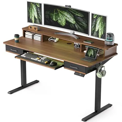 55 Inches Electric Standing Desk with Keyboard Tray, Height Adjustable Sit to Stand Table with 2 Drawers, Ergonomic