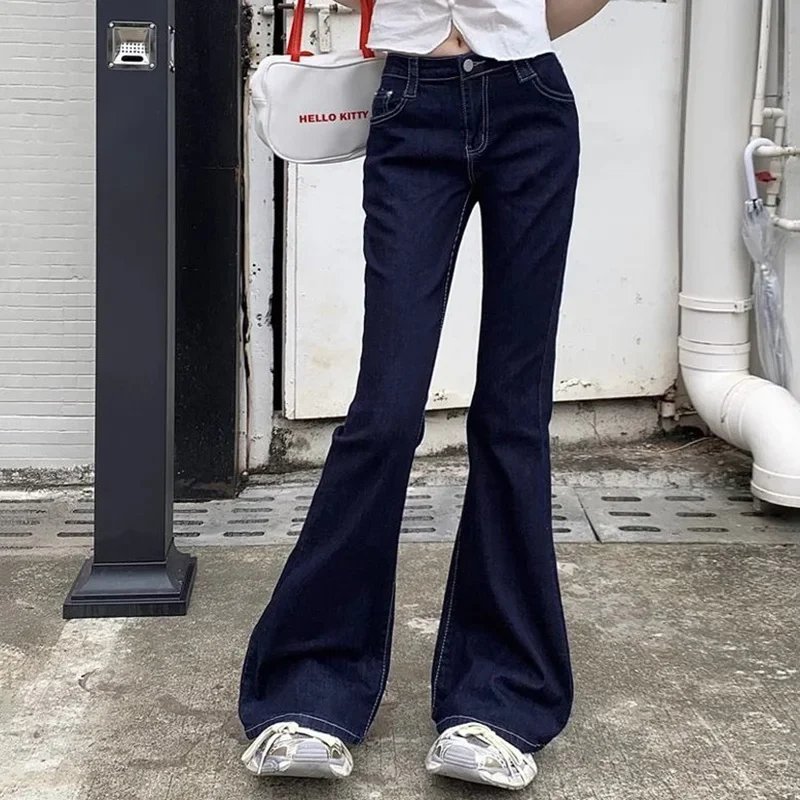

2025 Spring Female Korean Wash Dark-Blue Flare Jeans Lady Chic Designer Bell Bottom Pants Girls Vintage Slim Fit Denim Trousers