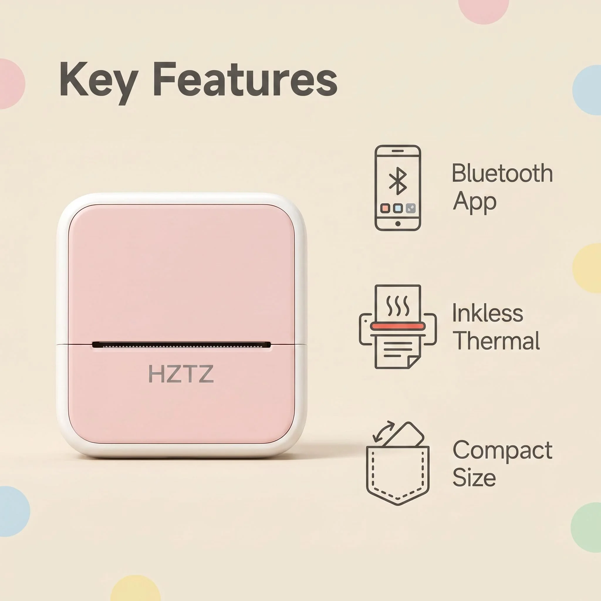 HZTZ S1 Portable Pocket Thermal Printer Inkless Mini Sticker Maker, 1200mAh Battery Compatible with iOS Android for DIY Label