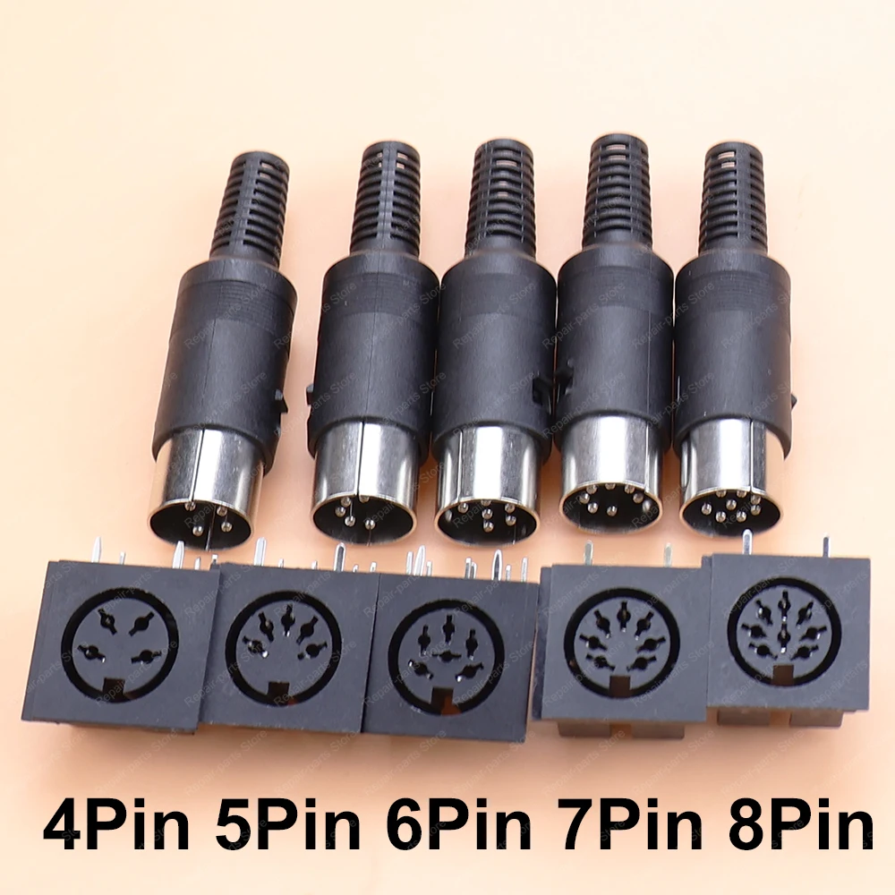 JCD 2PCS Solder Connector DIN 4/5/6/7/8 Pin DIN Male Female Plug with Plastic Handle + Female Socket Hulled Panel Mount Chassis