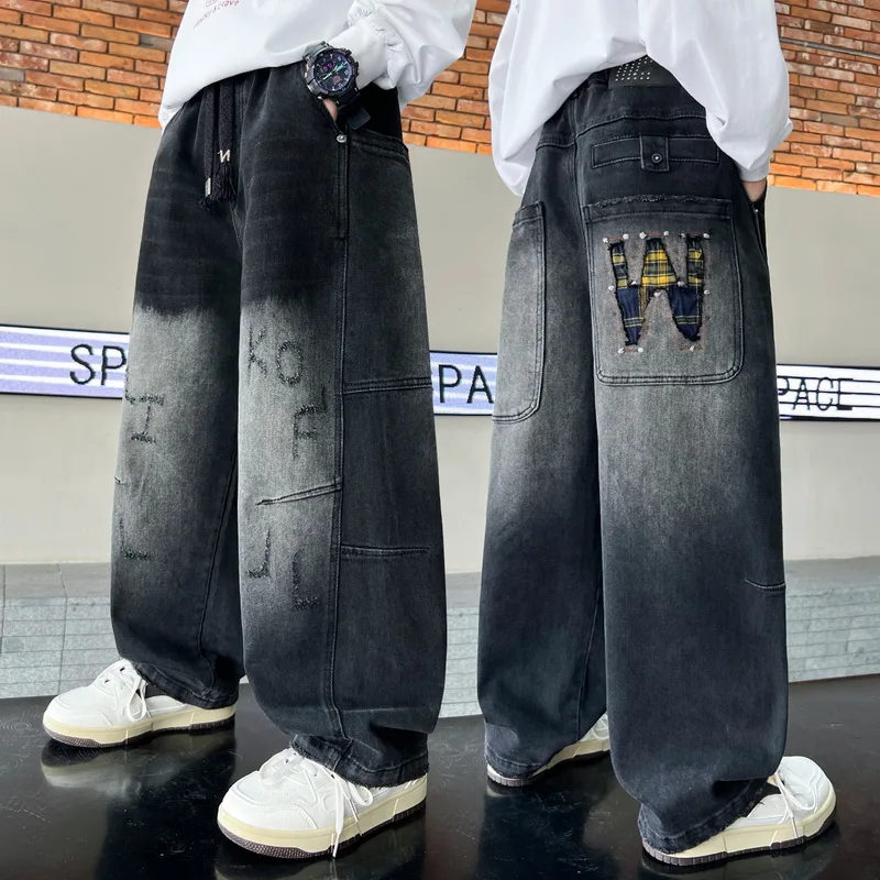 New Autumn Children Gradient Straight Leg Jeans for Boys Loose Wide-leg Denim Pants Kids Stylish Teens Handsome Trousers 4-15 Y