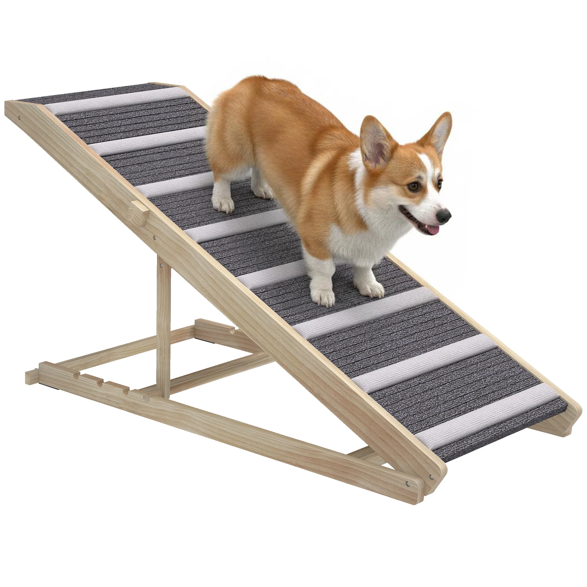 PawHut Rampa para Perros Plegable y Altura Ajustable Rampa para Mascotas de Madera con Alfombrilla Antideslizante