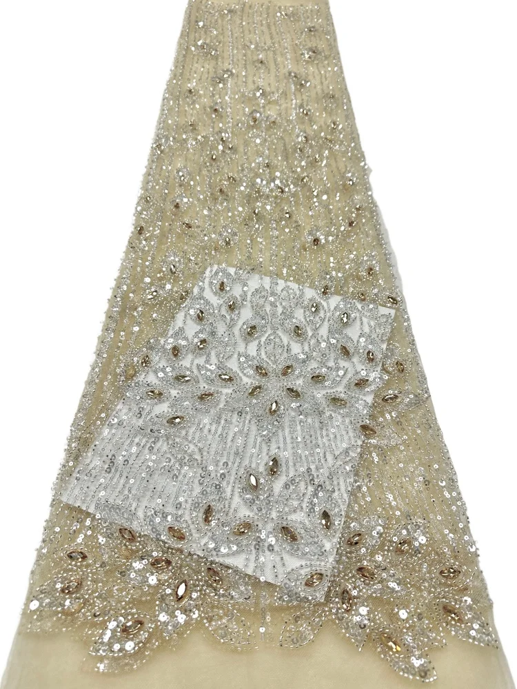 

African Beaded Lace Fabric 2026 High Quality Lace French Mesh Beaded Stones Nigerian Lace Fabric Bridal Party Dresses