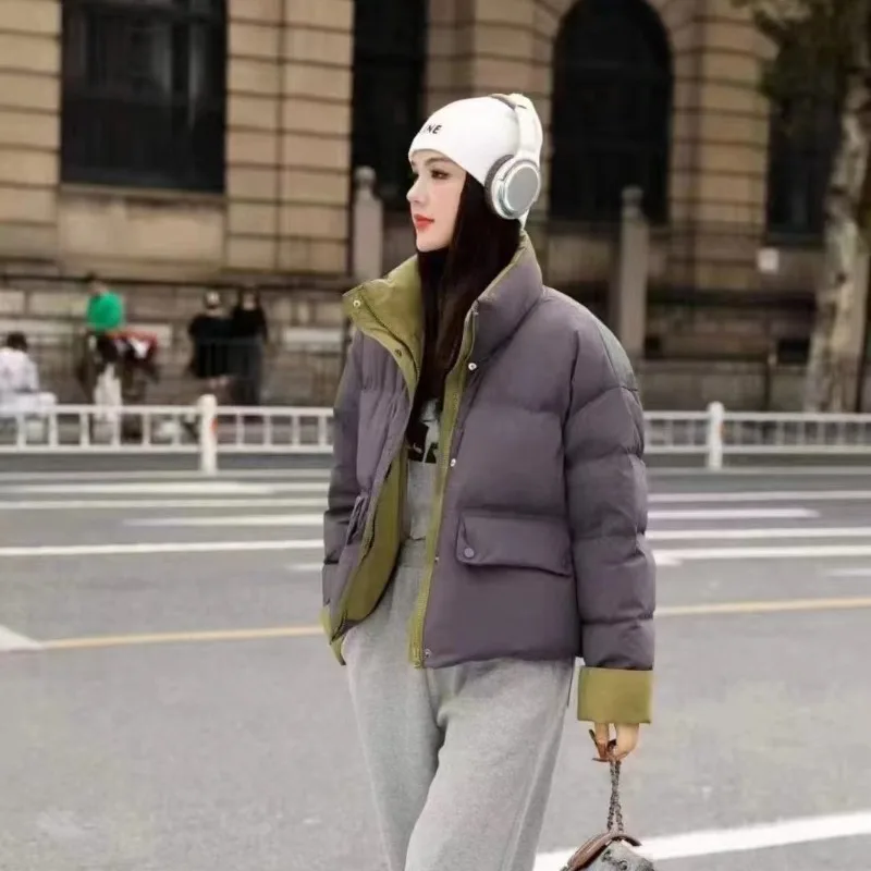 Women's Clothing New Arrivals Korean Style Stand-up Collar Thickened Down Jacket Short Style Contrasting Colours Patchwork