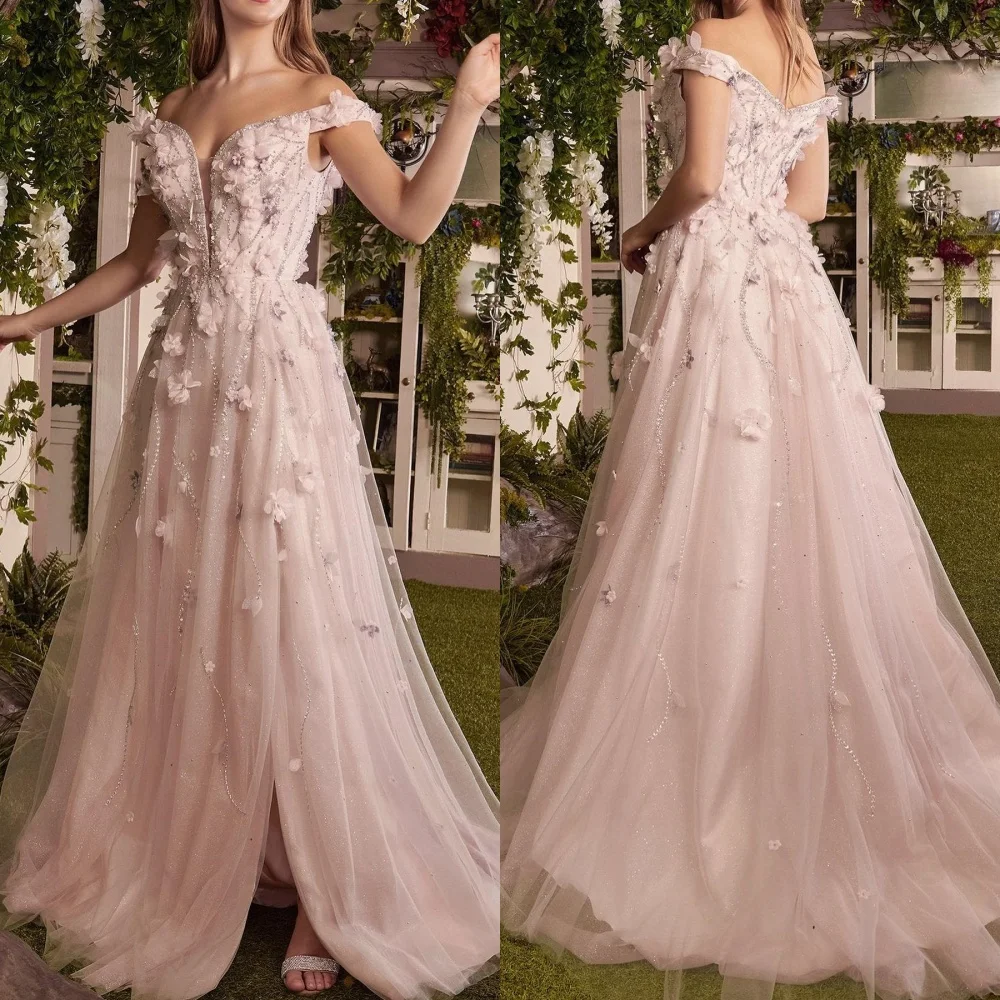 Prom Dress   Jersey Flower Beading Sequined Ruched Beach A-line Off-the-shoulder Bespoke Occasion Gown Long es