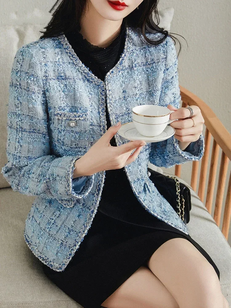 New Women's Elegant Blue Plaid Tweed Jacket Autumn Korean Classic Long Sleeved Coat Loose O-neck Fashion Women Short Jacket