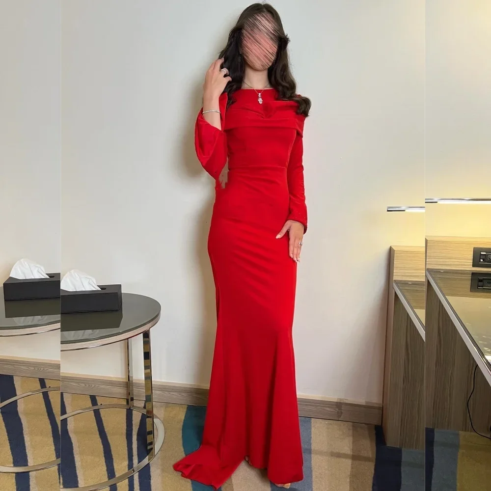 Customized Fashion Jersey Pleat Mermaid O-Neck Midi Dresses Evening Dresses Exquisite Modern Style Pastrol Unisex Chinese Style 