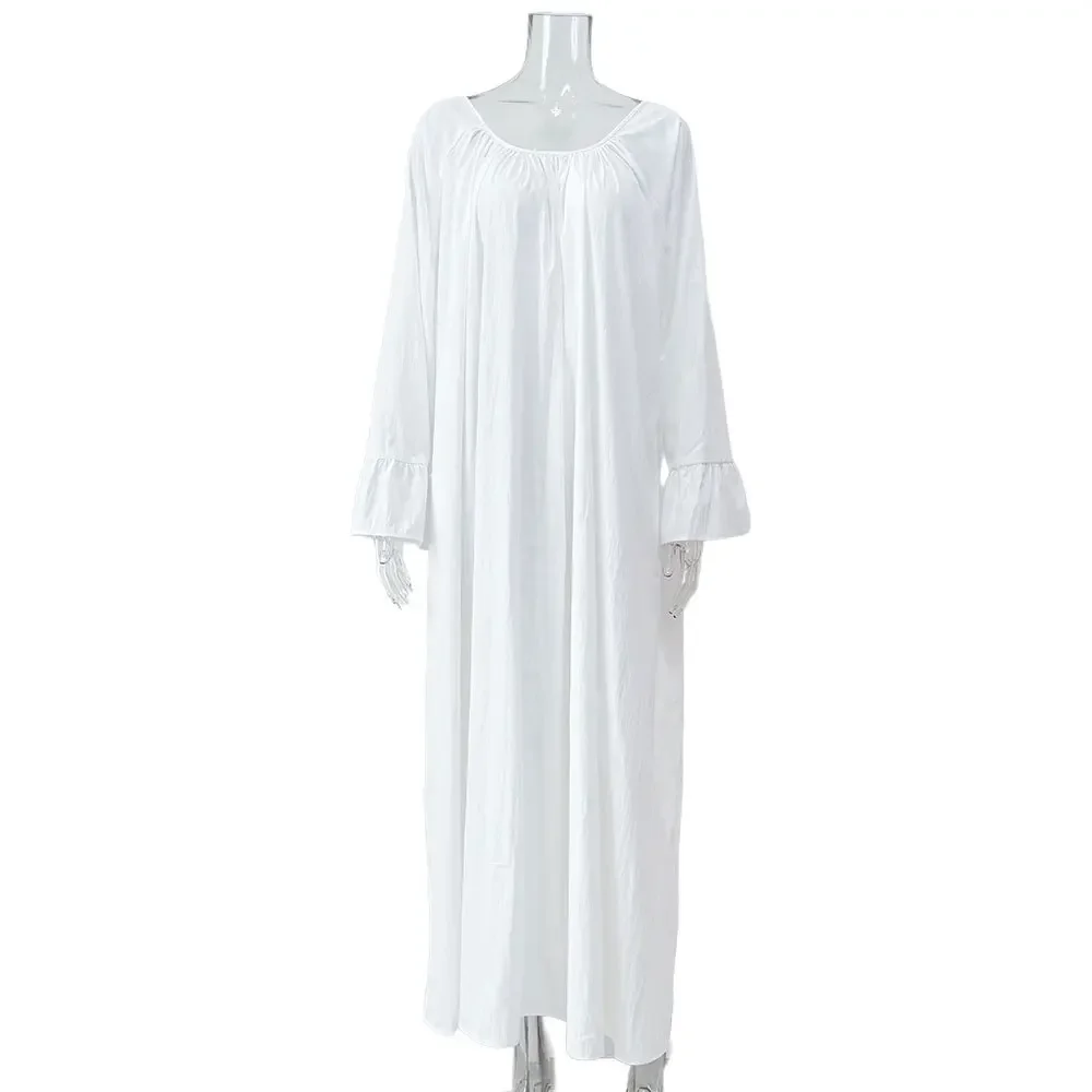 فستان طويل فضفاض بأكمام واسعة أنيق للنساء بسيط كبير الحجم بلون سادة ربيعي جديد برقبة مستديرة مكشكش فستان نسائي Vertidos #4