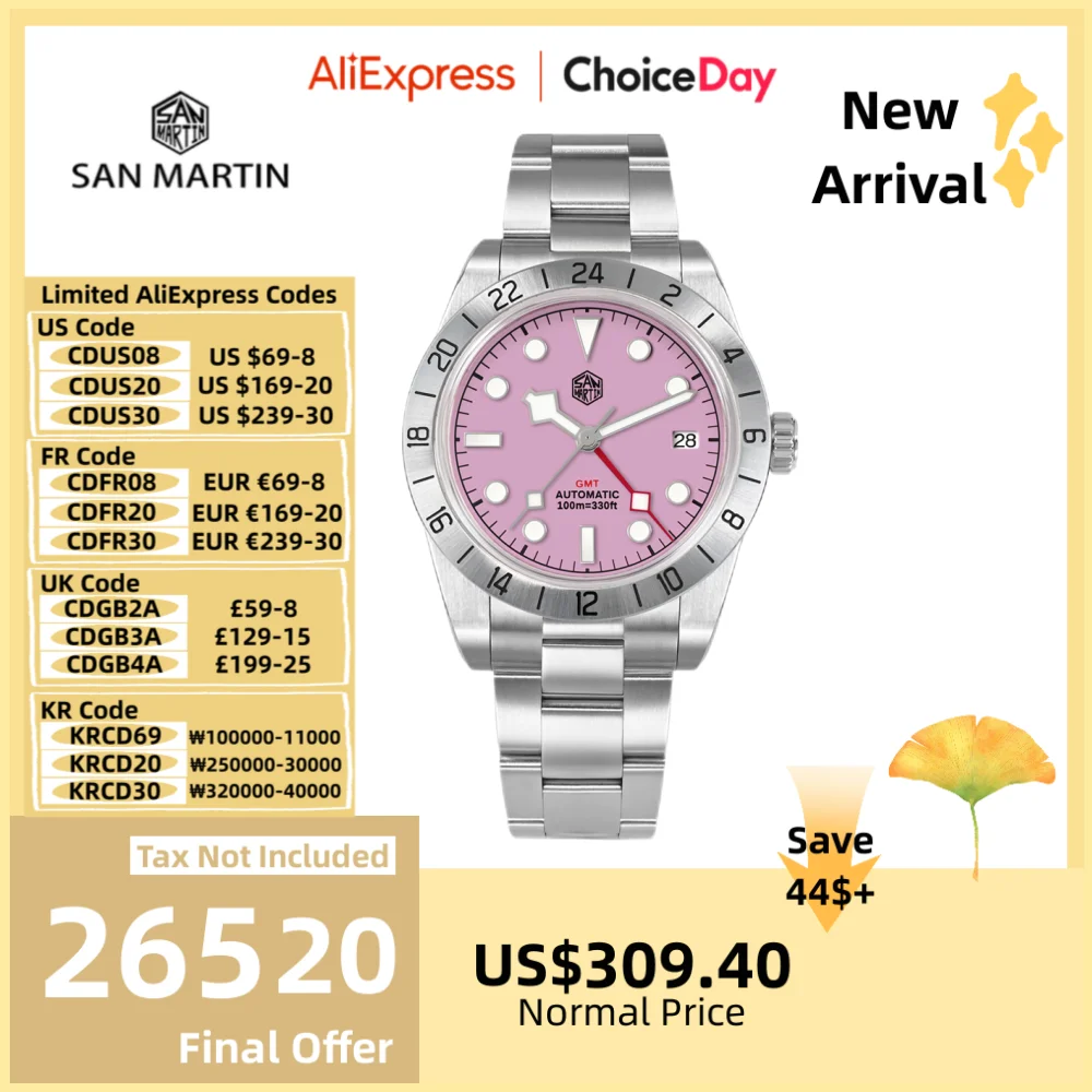 

San Martin 39mm New Pink Dial NH34 Mechanical GMT Watches For Men Wristwatch Business Classic 10Bar Relogio Masculino SN0054C-2