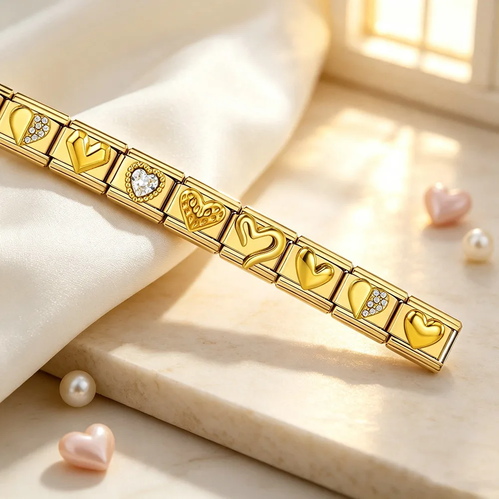 GEMOSA 9mm Luxus 3D Stereo Herz Edelstahl Armband Perlen Goldfarben Quadratische Anhänger Gliederketten Italienischer Schmuck DIY Geschenk – Detail 1