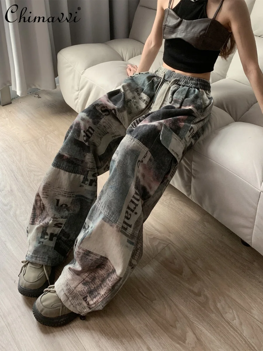 Cool Girl Chic High Waist Wide Leg Pants Summer American Retro Thin Loose Newspaper Lettered Casual Ladies Straight-Leg Pants