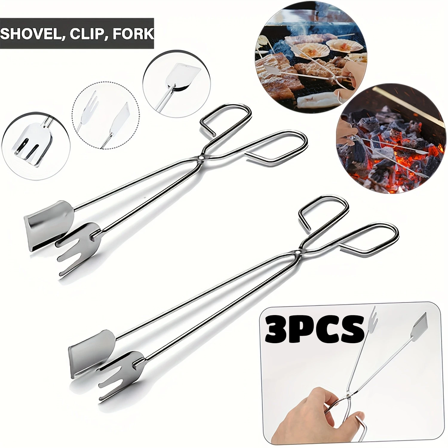 3PCS BBQ Tools Stainless Steel Kitchen Tong Scissors Type Grilled Food Clip Food Vegetable Meat Tongs Charcoal Clamp Frying Tong