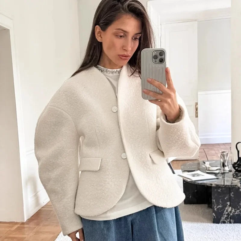 BKQU Chic Women's Woolen Jacket White V-neck Single Breasted Loose Long Sleeved Short Coats Casual Autumn Lady Street Outerwear