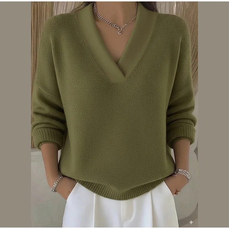Damen-Strickwaren, V-Ausschnitt, langärmelig, Strickpullover, Herbst, einfarbig, locker geschnitten, Basic, vielseitig kombinierbar, Frühling, neue Streetwear-Kollektion. – Detail 8
