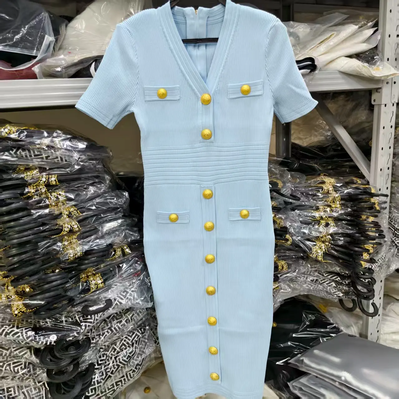 

High Quality Extended Summer New Style Fashionable Temperament Socialite Style Women's Knitted V-Neck Short Sleeved Dress