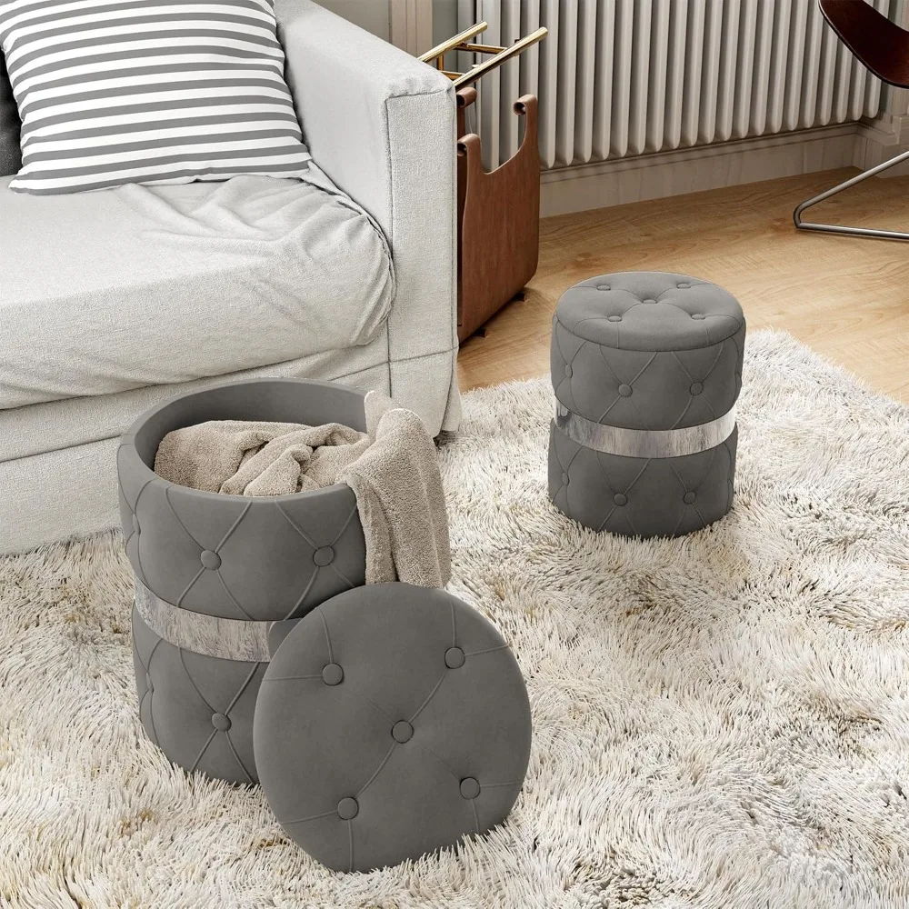 

Round Storage Ottoman Set of 2, Fully Assembled Grey Velvet Vanity Stool Chair, 22QT Large Storage Foot Stool, Suppor