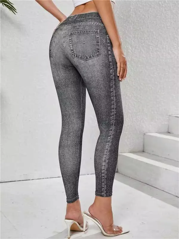 Damen-Leggings aus Denimimimimimitat mit Taschen, hoch dehnbar, bequem, Bauchkontrolle, Fitness, Fitnessstudio, Yoga, Alltagskleidung – Detail 11