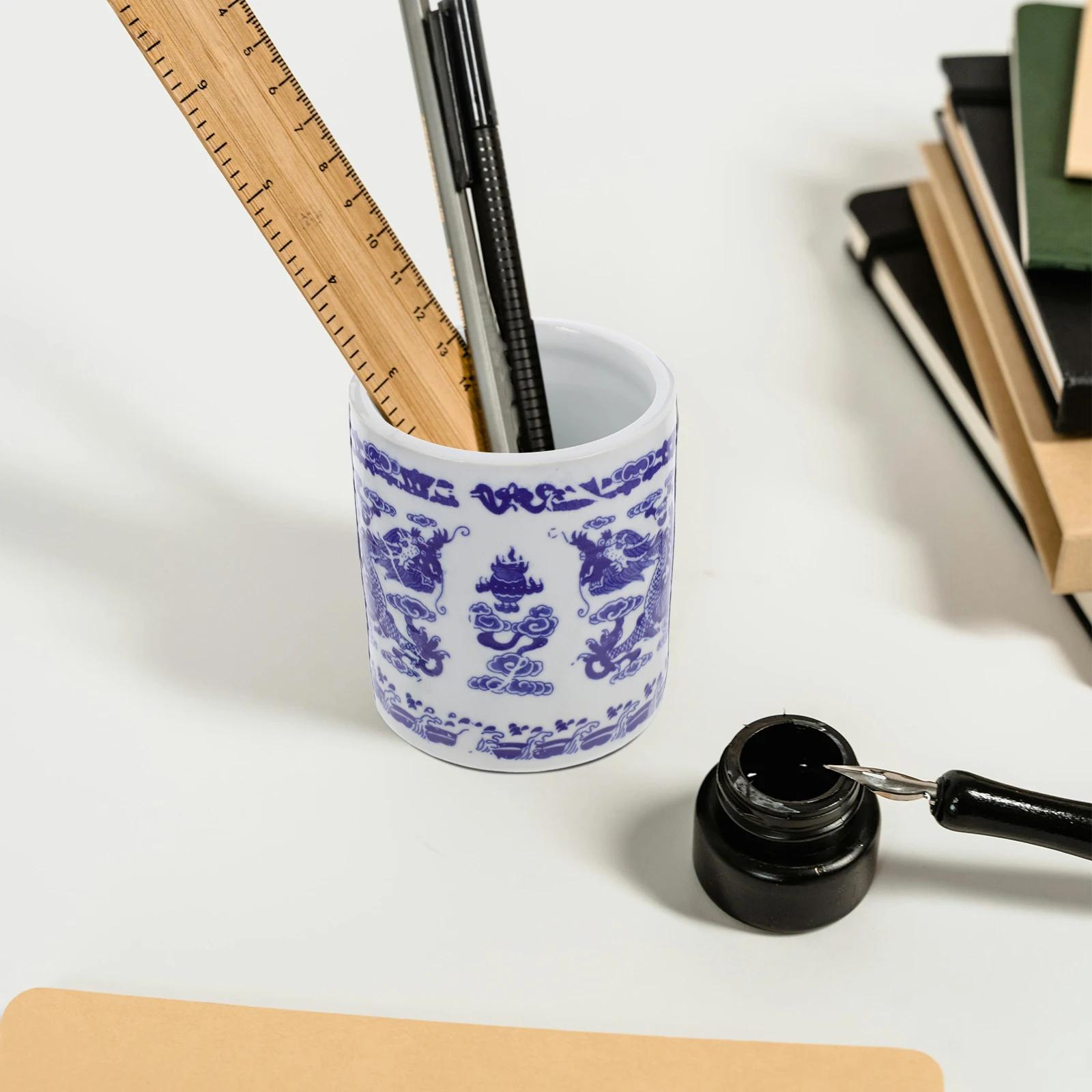 

Ceramic Pen Holder Blue and White Porcelain Multifunctional Desktop Organizer Office Study Storage Container for Pens Pencils