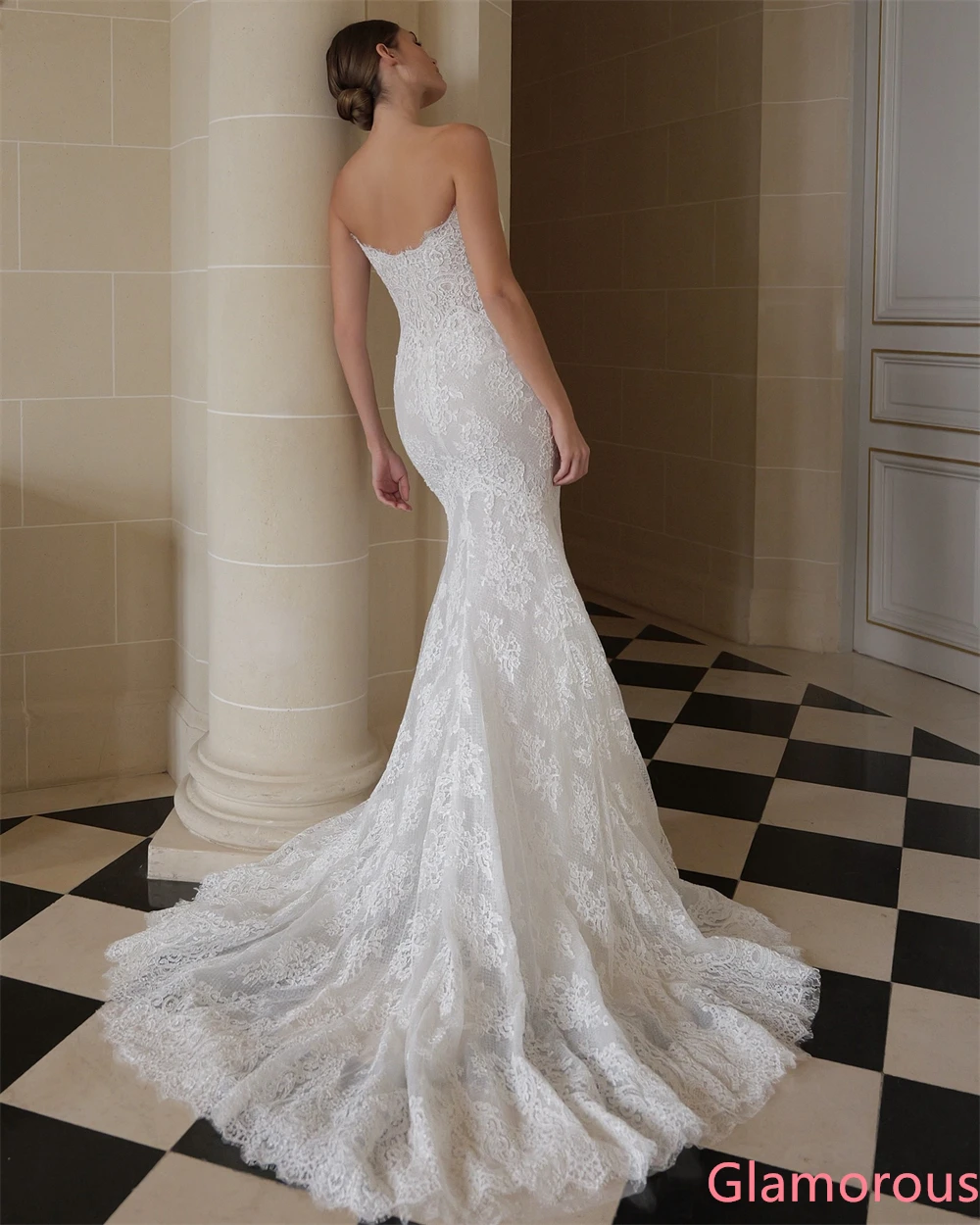 فستان سهرة رائع من الدانتيل الأبيض مخصص حورية البحر بدون حمالات فستان زفاف عالي الجودة أنيق بسحاب خلفي #5