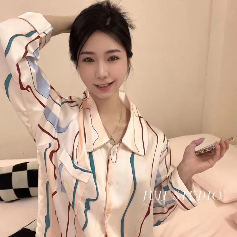 

2025 Korean Style Stripe High-end Ice Snow Silk Pajamas Women Spring Summer Loose Two Piece Set Long Sleeve Pants Sleepwear
