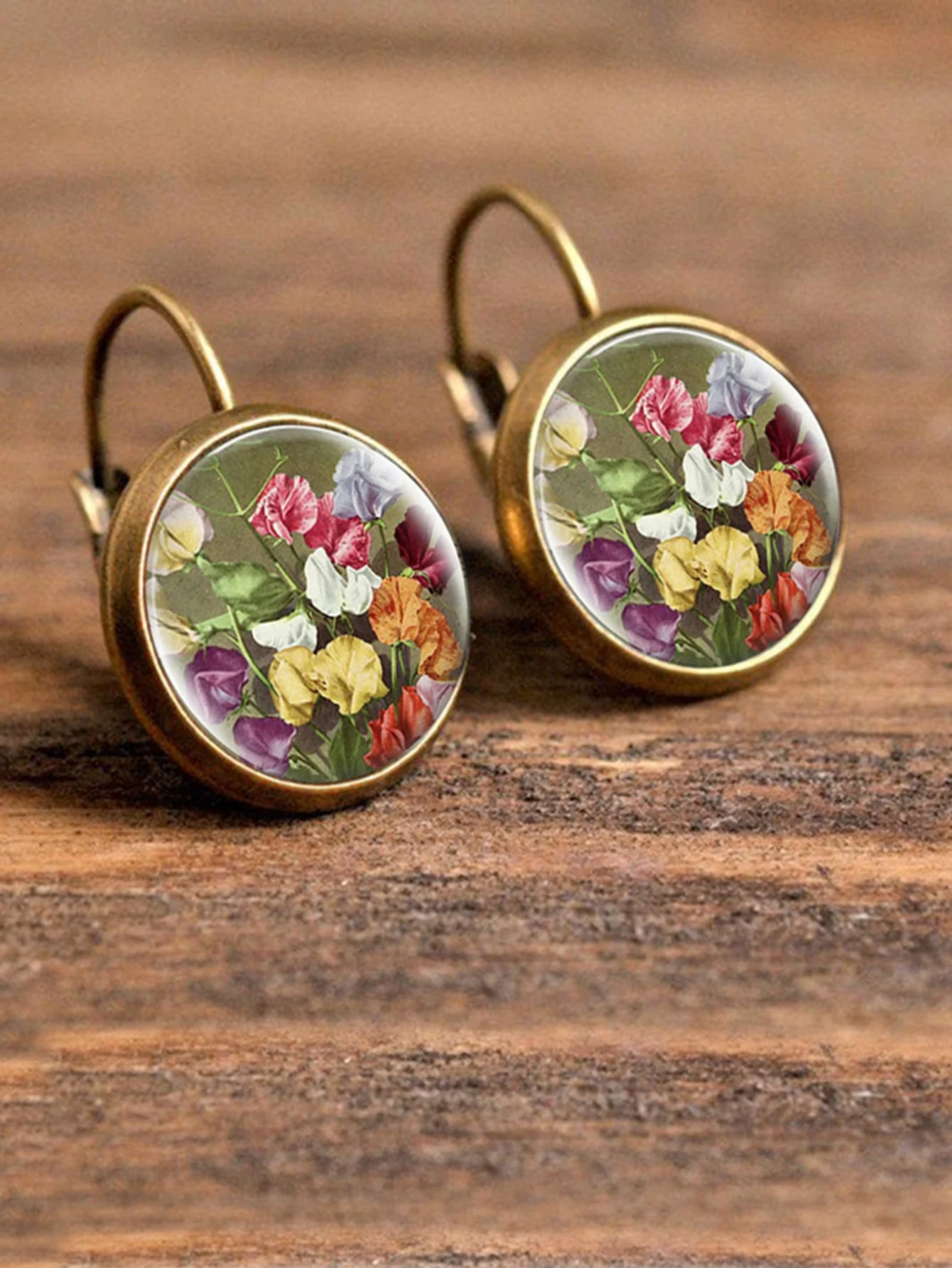 Flower Print Round Drop Earrings Copper Jewelry for Valentines Day