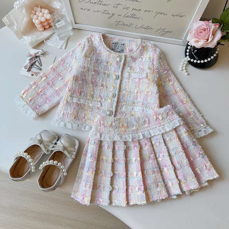 

2025New Autumn Girls Fashionable Long Sleeve Jacket+Pleated Skirt Elegant Two-Piece Set