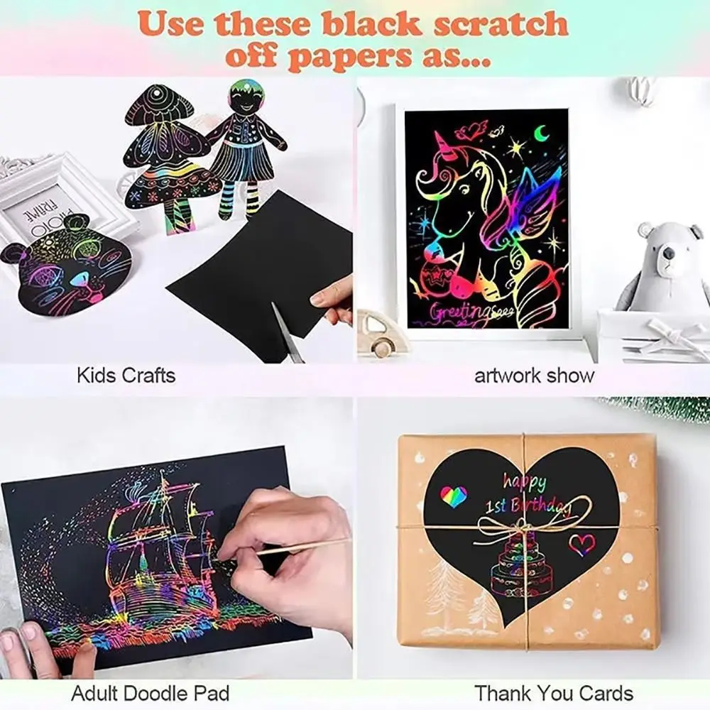 20Pcs 16/32K Scratch Painting Paper Black with Bamboo Stick Drawing Paper Rainbow Magic Graffiti DIY Creative Art Painting Kit